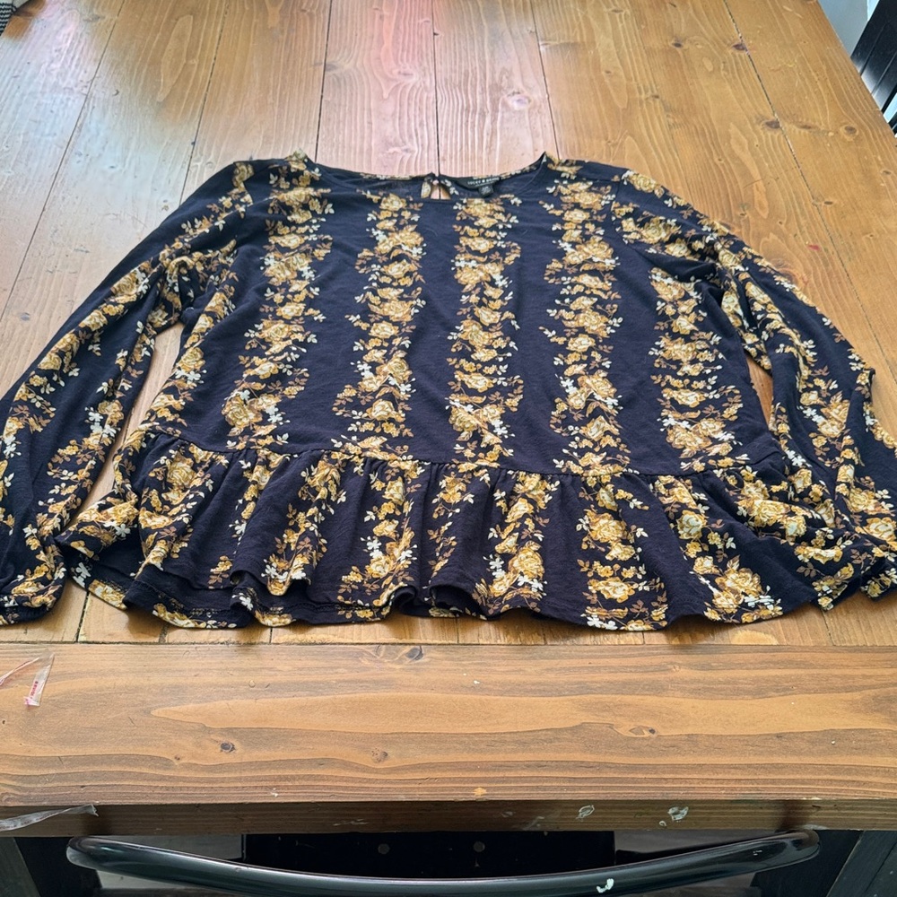 Lucky Brand Black Peplum Blouse with Gold Floral Stripes